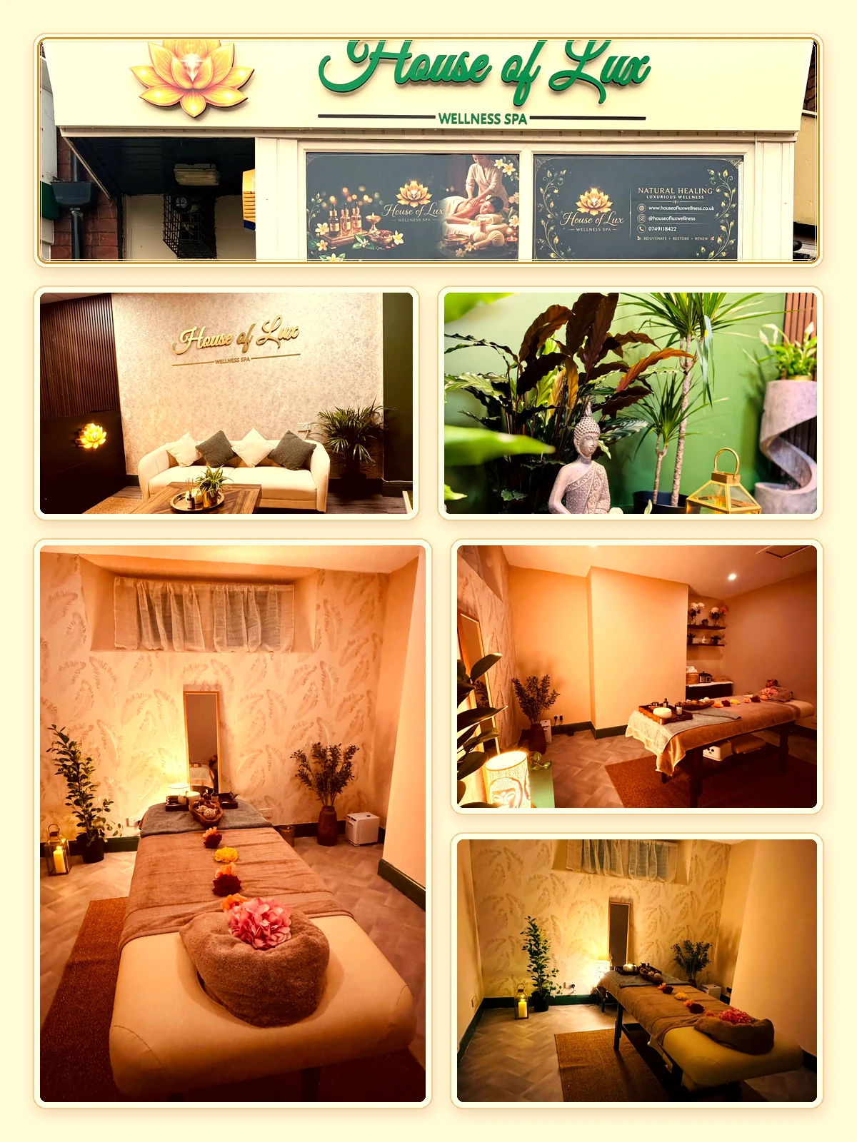Collage of House of Lux spa interiors, treatment rooms, reception and storefront